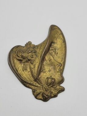 Antique Art Nouveau Brass Stamping Gibson Girl Lady Hat Face Dress Embellishment
